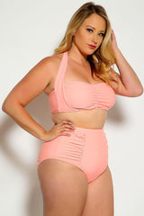 Peach Bold Halter Top Ruched High Waist Two Piece Swimsuit Plus Areous