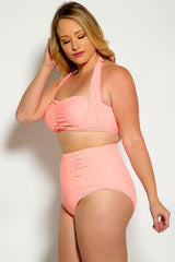 Peach Bold Halter Top Ruched High Waist Two Piece Swimsuit Plus Areous