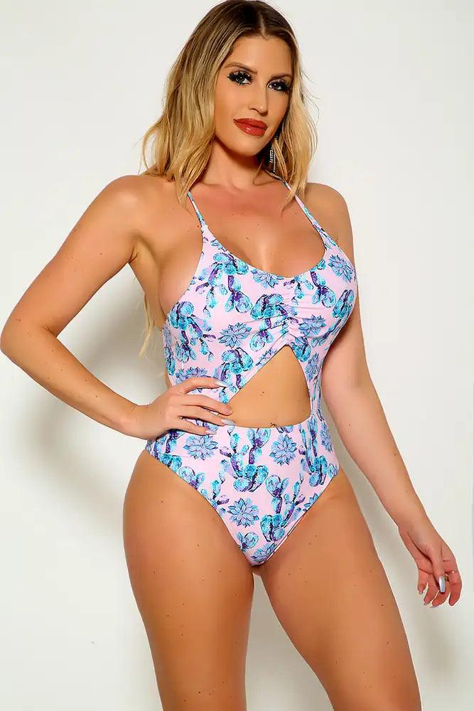 Pink Blue Floral Print Padded Two Piece Monokini Areous