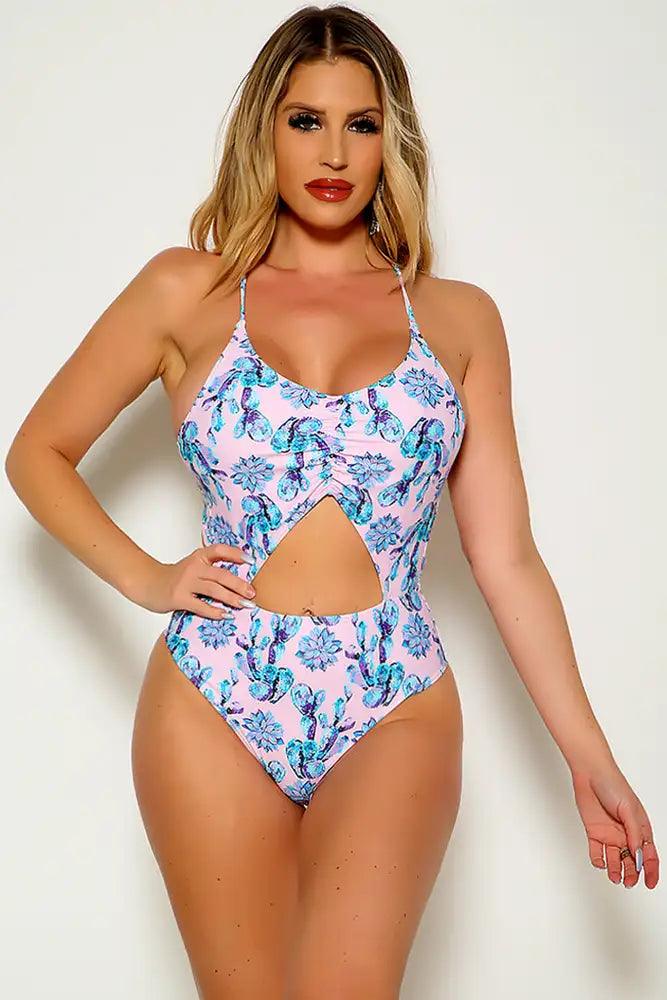 Pink Blue Floral Print Padded Two Piece Monokini Areous