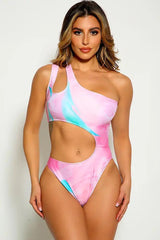 Pink Blue One Shoulder Cut Out One Piece Swimsuit Areous