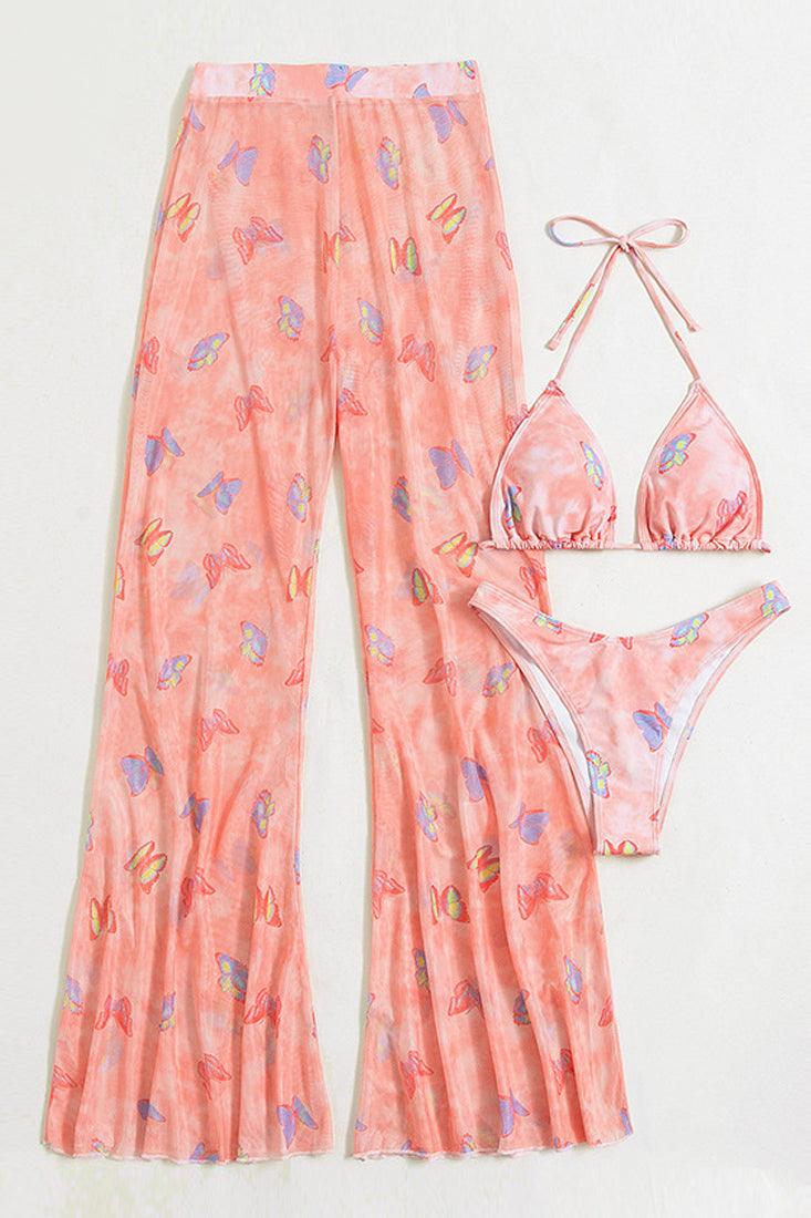 Pink Butterfly Print 3 PC Swimsuit Set Areous