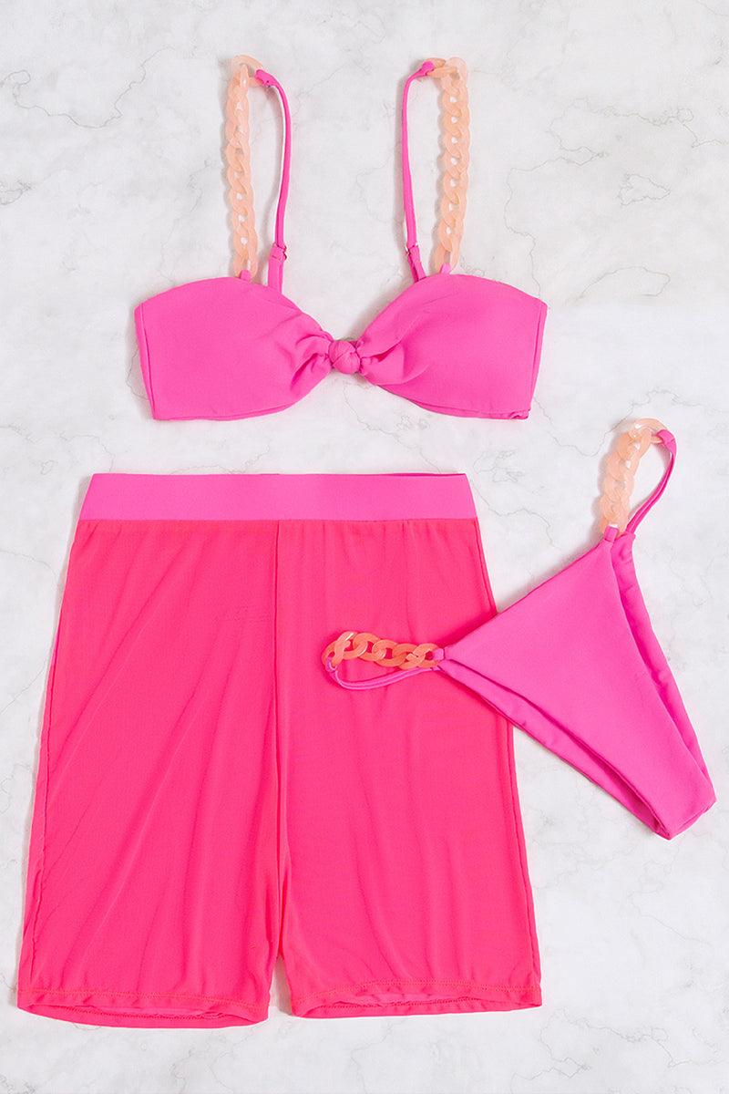 Pink Chain Straps Tie Knot Three Piece Swimsuit Areous