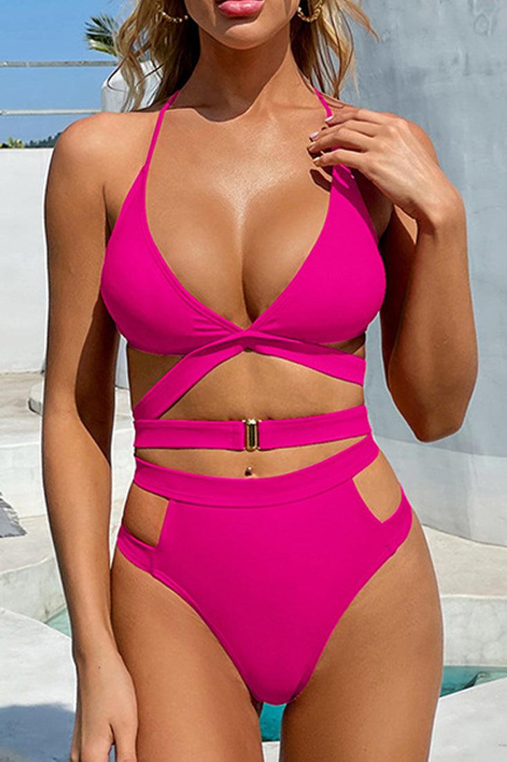 Pink Cut Out High Waist Two Piece Swimsuit Areous