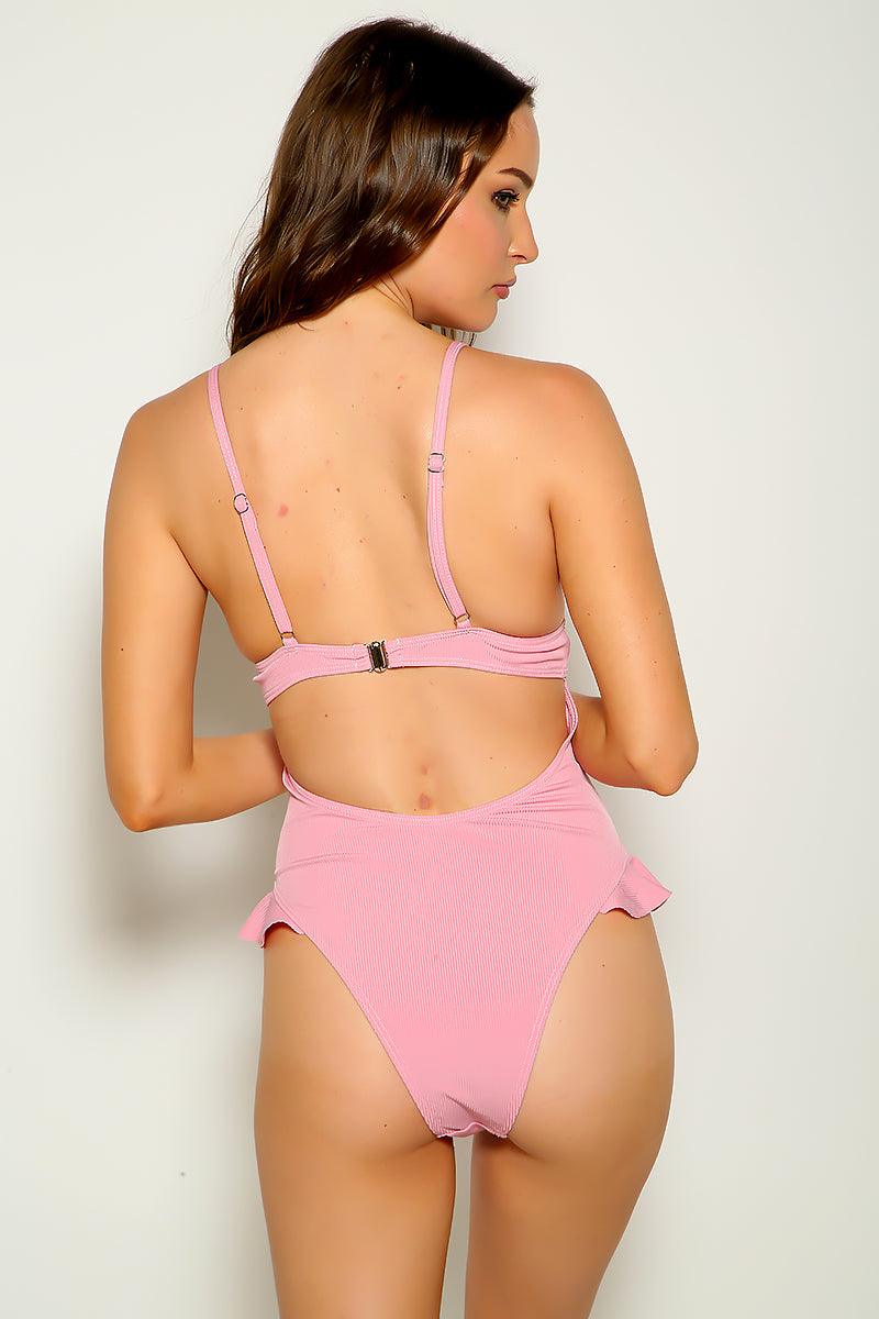 Pink Cut Out Ruffled One Piece Swimsuit Areous