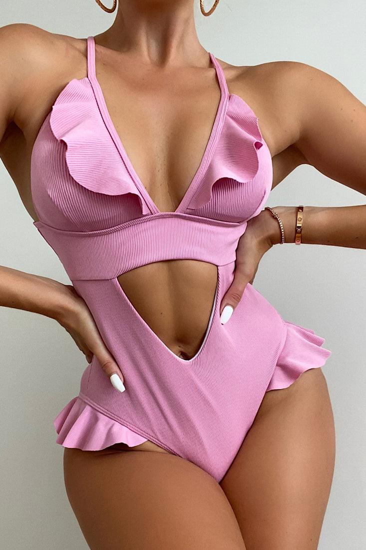 Pink Cut Out Ruffled One Piece Swimsuit Areous