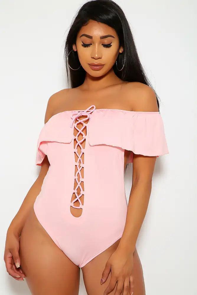 Pink Lace Up Ruffled One Piece Swimsuit Areous