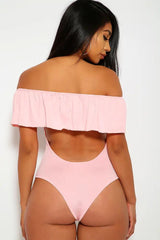 Pink Lace Up Ruffled One Piece Swimsuit Areous