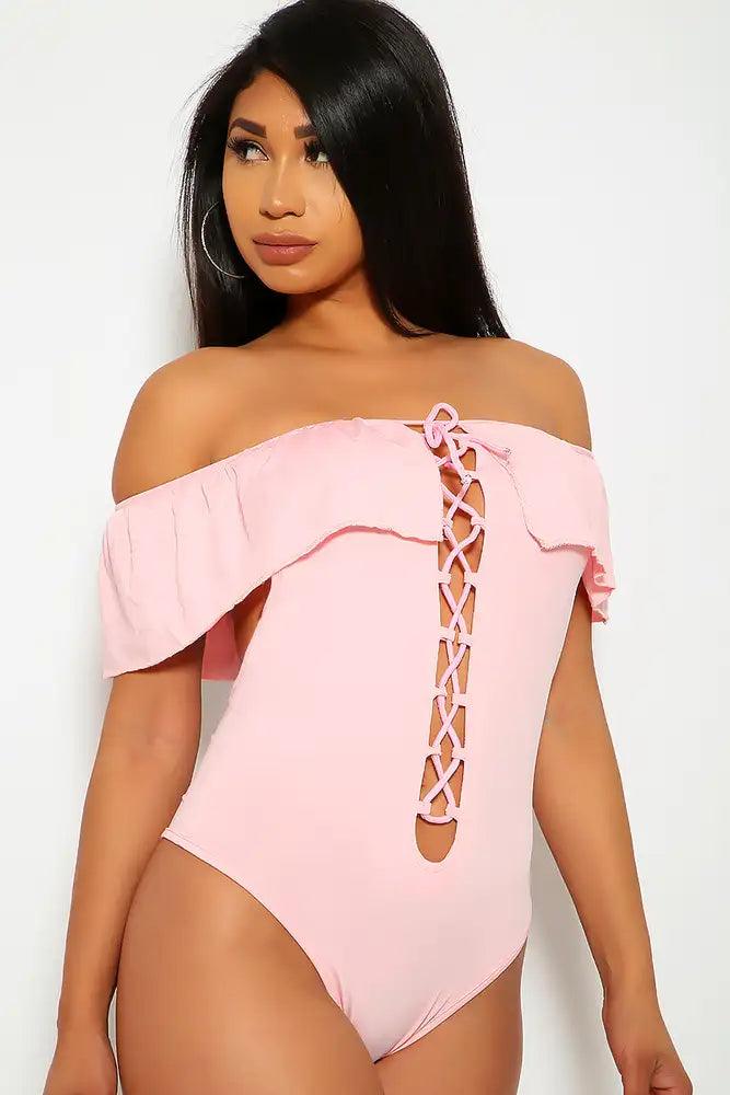 Pink Lace Up Ruffled One Piece Swimsuit Areous