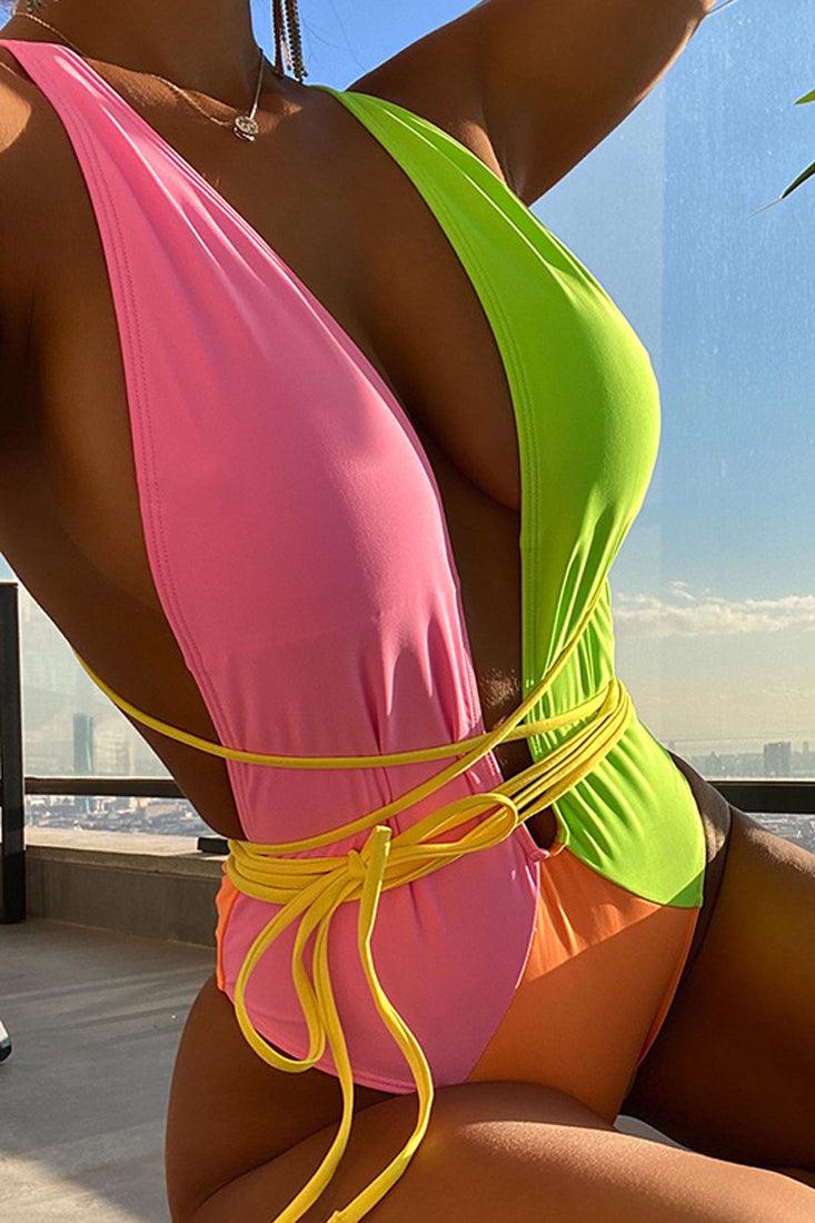 Pink Lime Colorblock Strappy One Piece Swimsuit Areous