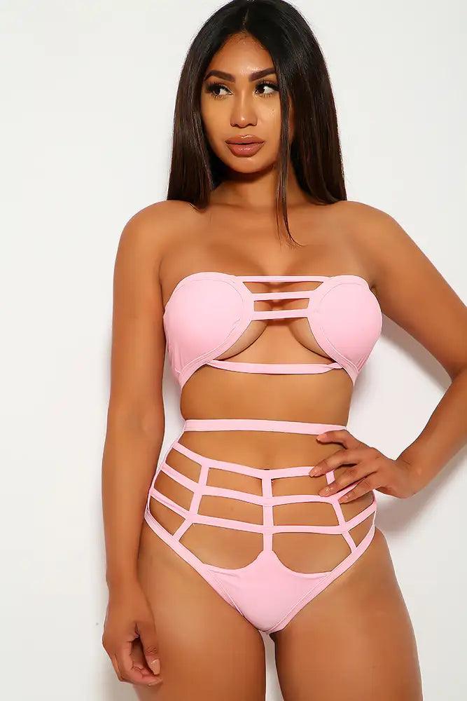 Pink Strappy Cut Out High Waist Swimsuit Areous