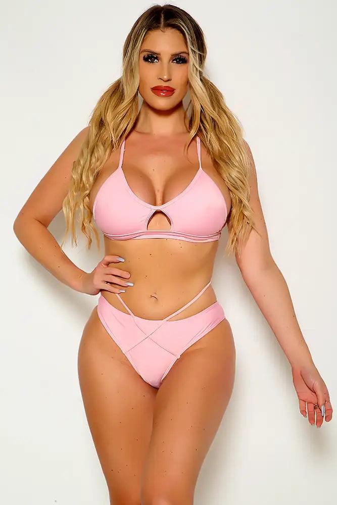 Pink Strappy Padded Two Piece Swimsuit Areous