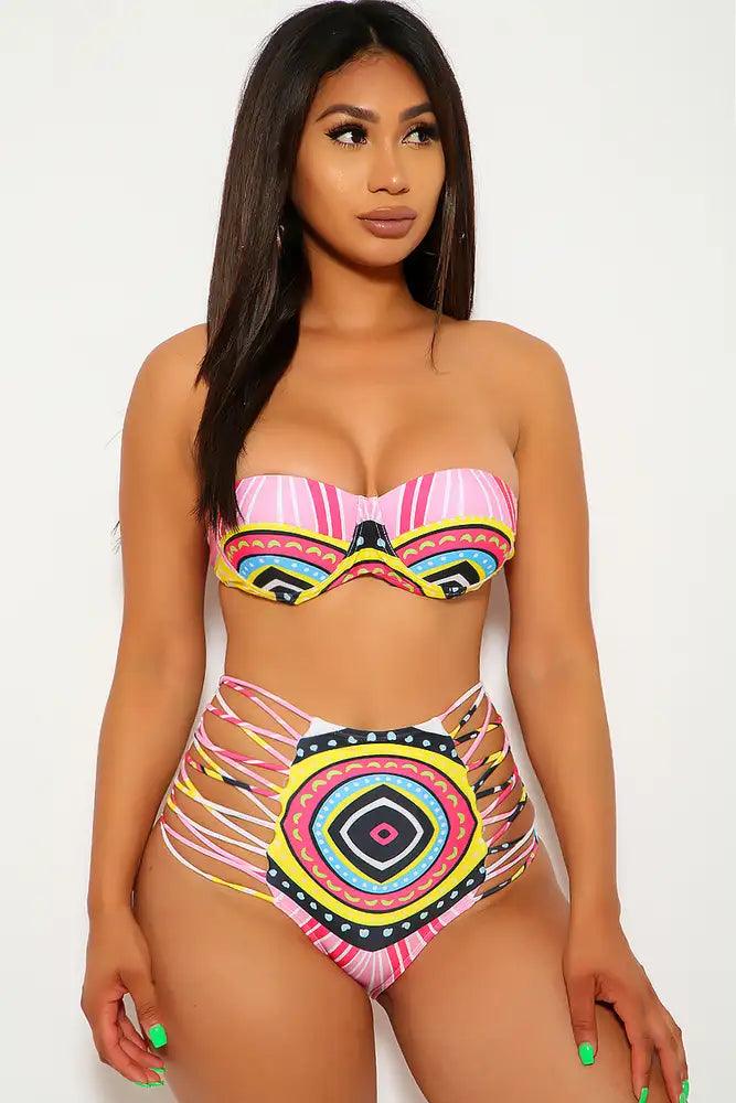 Pink Tribal Print Strappy High Waist Swimsuit Areous