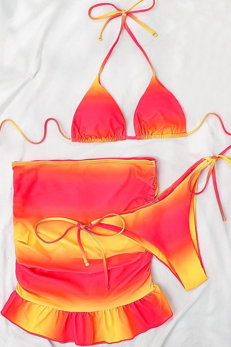 Pink Yellow Two Tone Three Piece Swimsuit Areous