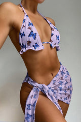 Purple Butterfly Print Three Piece Swimsuit Areous