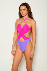 Purple Fuchsia Strappy Halter One Piece Swimsuit Areous