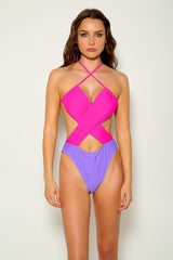 Purple Fuchsia Strappy Halter One Piece Swimsuit Areous