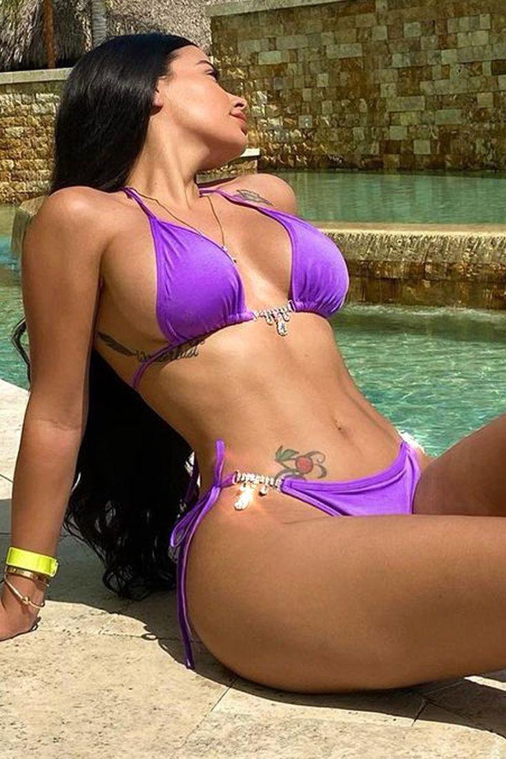 Purple Halter Embellished Rhinestone Detail Two Piece Swimsuit Areous