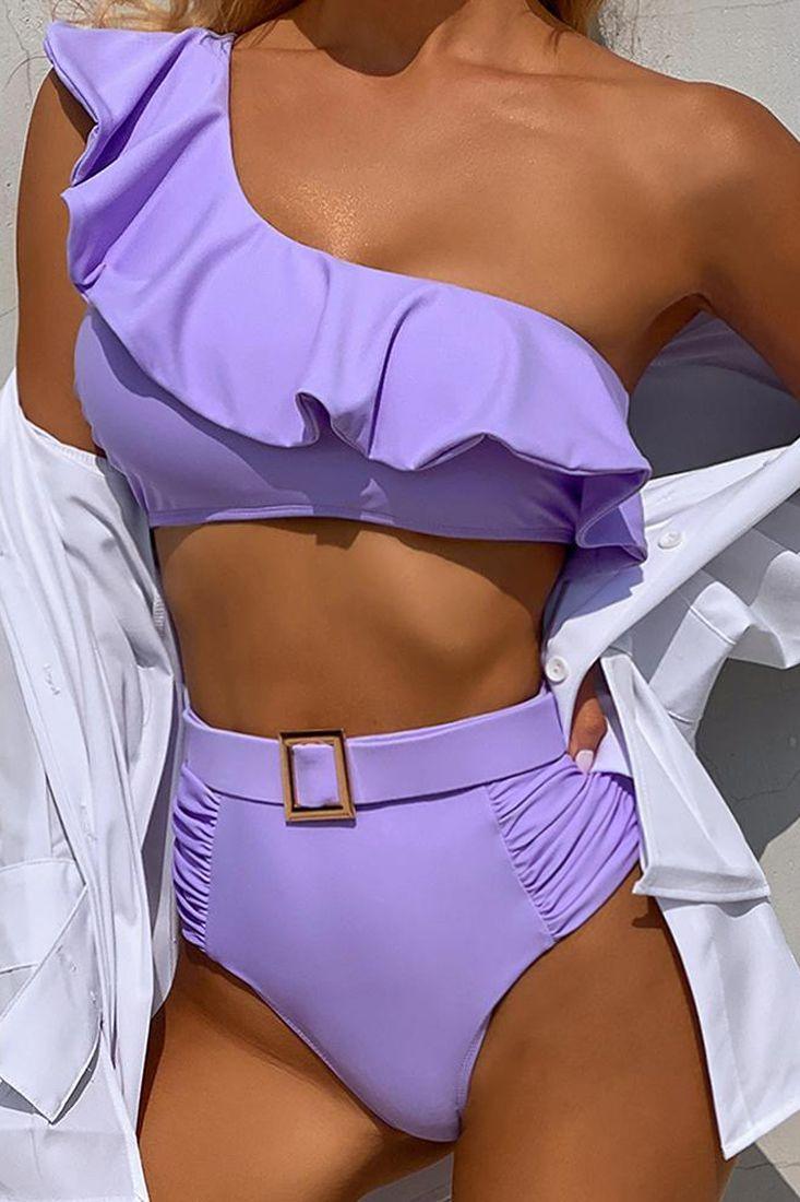 Purple One Shoulder Ruffled Belted High Waist Two  Piece Swimsuit Areous