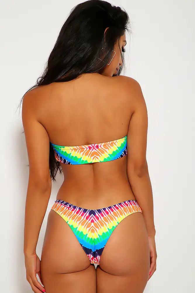 Rainbow Tie Dye Print Bandeau Cheeky Two Piece Swimsuit Areous