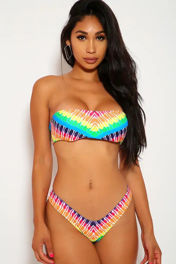 Rainbow Tie Dye Print Bandeau Cheeky Two Piece Swimsuit Areous