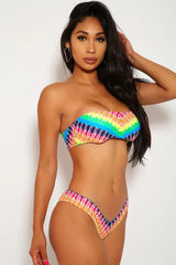 Rainbow Tie Dye Print Bandeau Cheeky Two Piece Swimsuit Areous