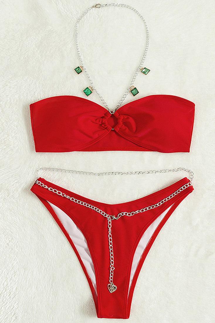 Red Chain Rhinestone Accent Halter Two Piece Swimsuit Areous