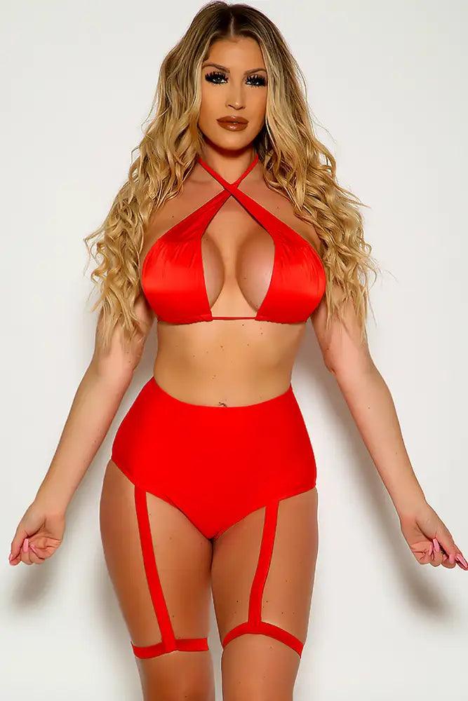 Red Cross Strap Garter High Waist Two Piece Swimsuit Areous