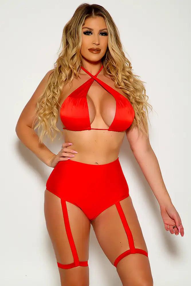 Red Cross Strap Garter High Waist Two Piece Swimsuit Areous