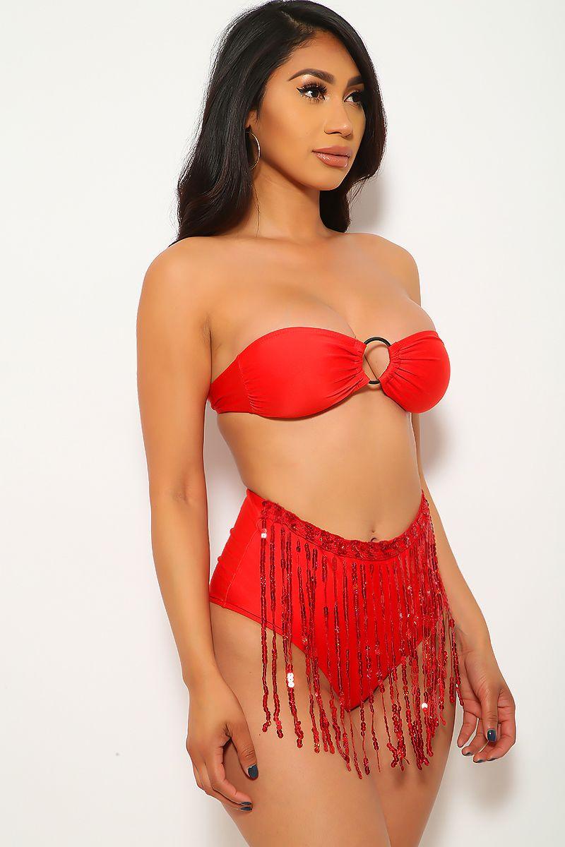 Red Fringe Sequins Bandeau Two Piece Swimsuit Areous