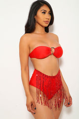 Red Fringe Sequins Bandeau Two Piece Swimsuit Areous