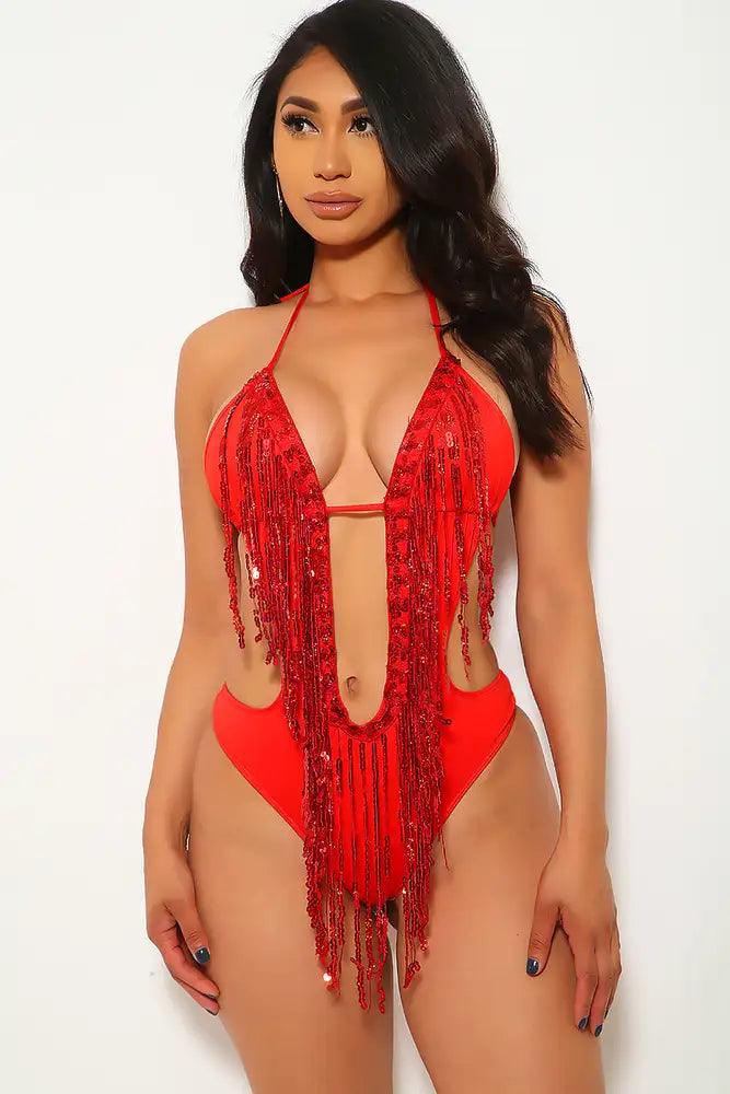 Red Fringe Sequins Cut Out Monokini Areous