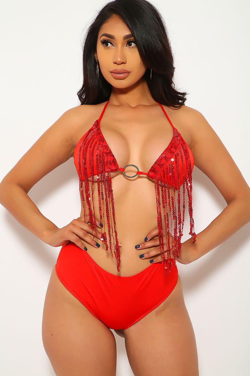 Red Fringe Sequins Two Piece Swimsuit Areous