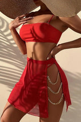 Red Gold Chain Strap Three Piece Swimsuit Areous