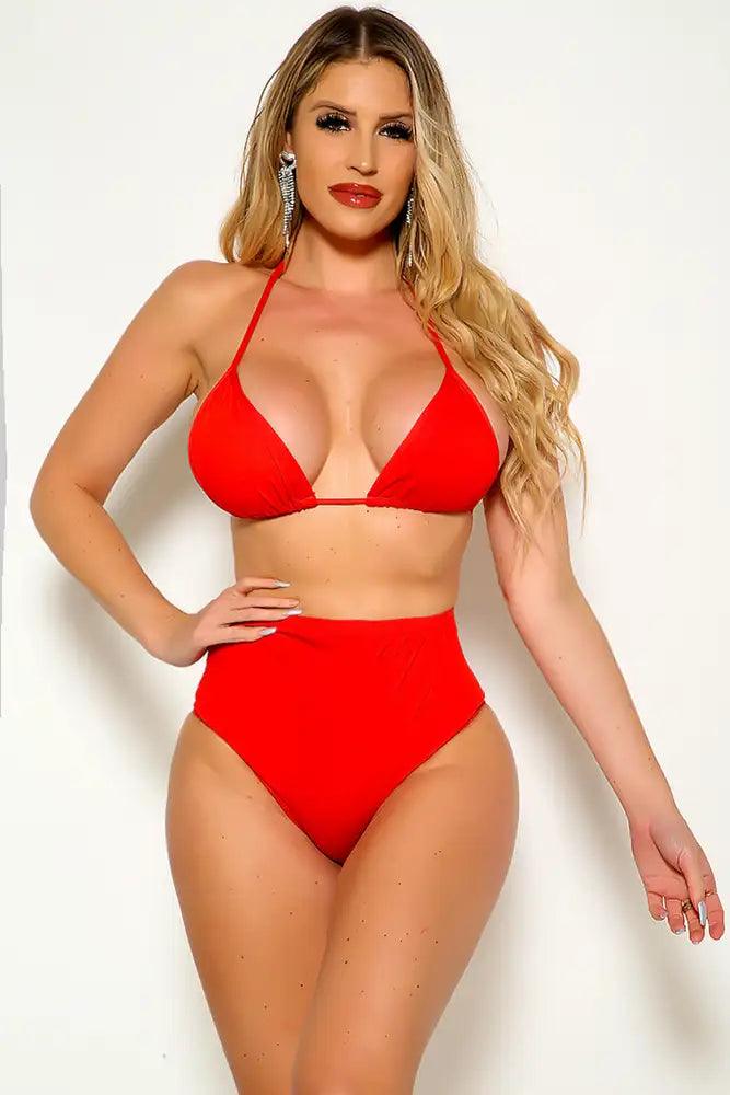 Red Halter High Waist 2Pc Swimsuit Areous