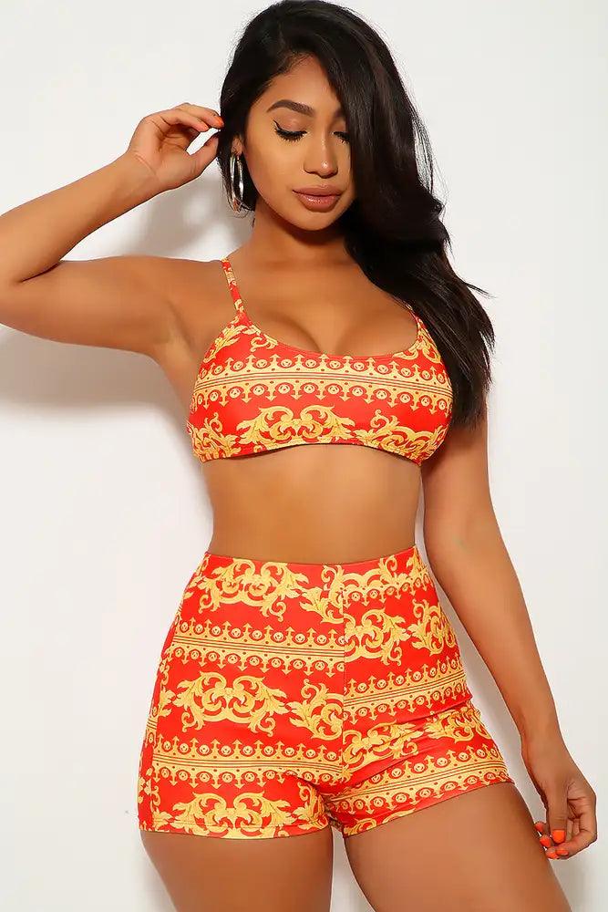 Red Marigold Graphic Print Three Piece Swimsuit Areous