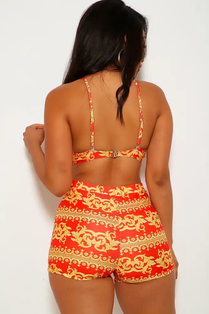 Red Marigold Graphic Print Three Piece Swimsuit Areous