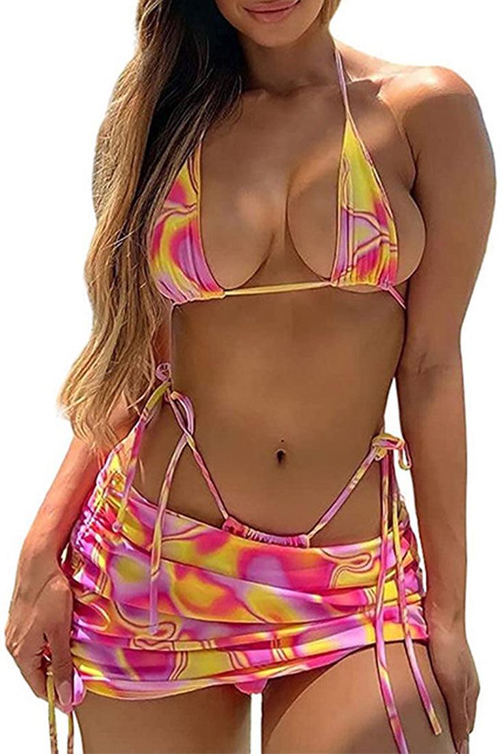 Red Printed Halter Cheeky Three Piece Swimsuit Areous