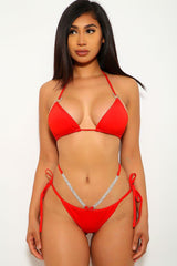 Red Rhinestones Strappy Two Piece Swimsuit Areous