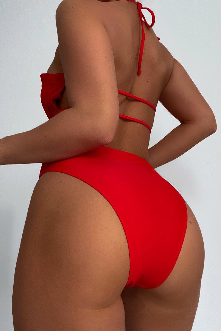 Red Ruffled Halter Cut Out One Piece Swimsuit Areous