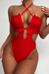 Red Ruffled Halter Cut Out One Piece Swimsuit Areous