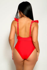 Red Ruffled Sleeves Belted One Piece Swimsuit Areous