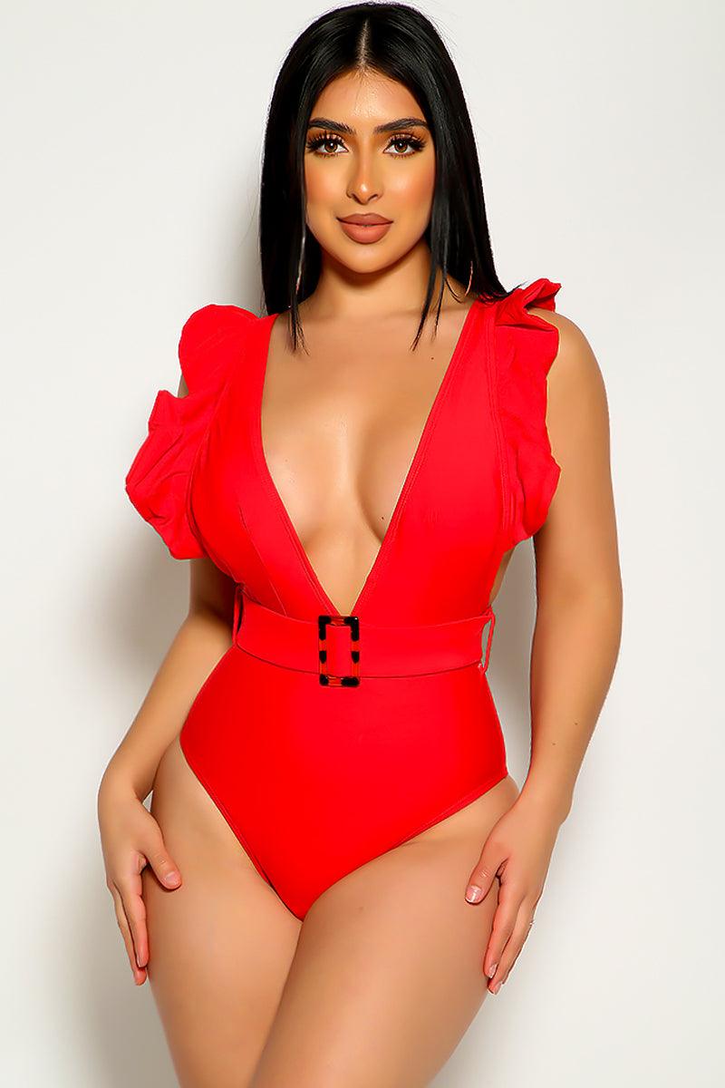 Red Ruffled Sleeves Belted One Piece Swimsuit Areous