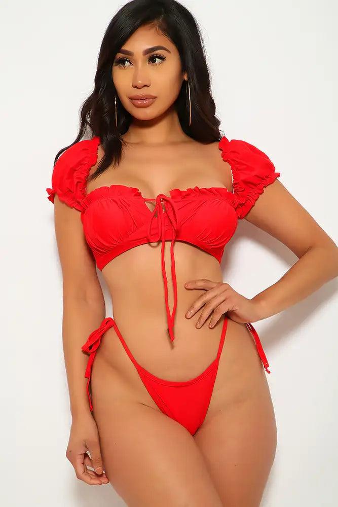 Red Short Sleeve Ruffled Two Piece Swimsuit Areous