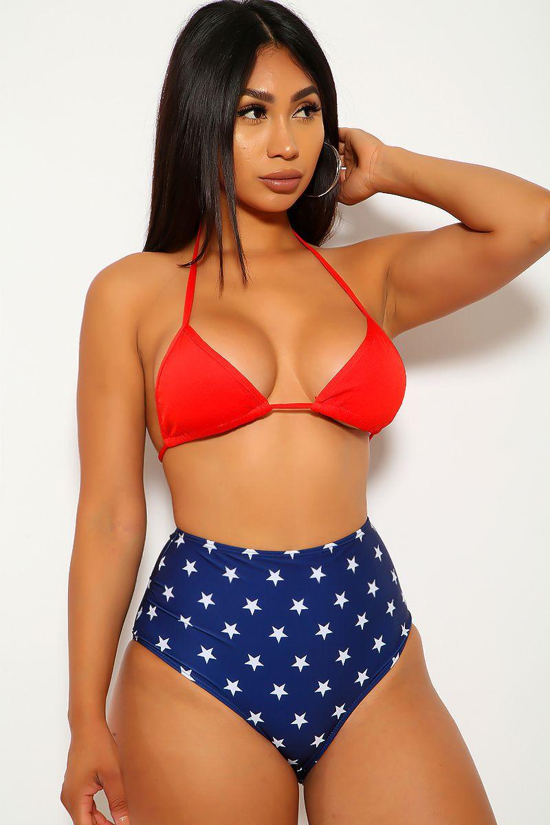 Red Star Print Two Piece Swimsuit Areous