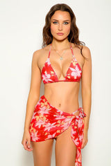 Red Tropical Flower Print Three Piece Swimsuit Areous