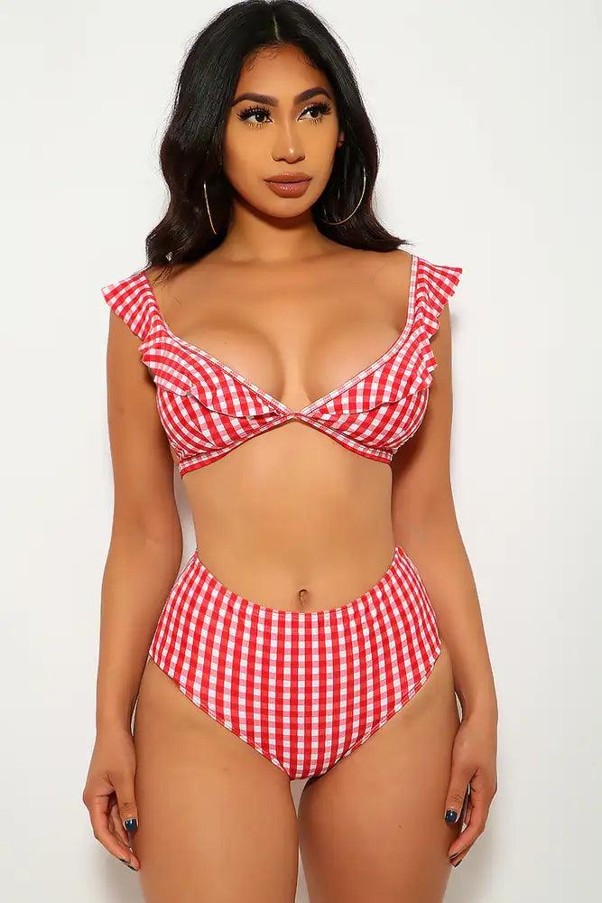 Red White Checkered Print Two Piece Swimsuit Areous