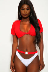 Red White Cut Out Two Piece Swimsuit Areous