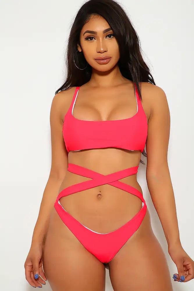 Red Wrap Around Tie Knot Two Piece Swimsuit Areous