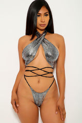 Silver Black Snake Print Strappy Two Piece Swimsuit Areous